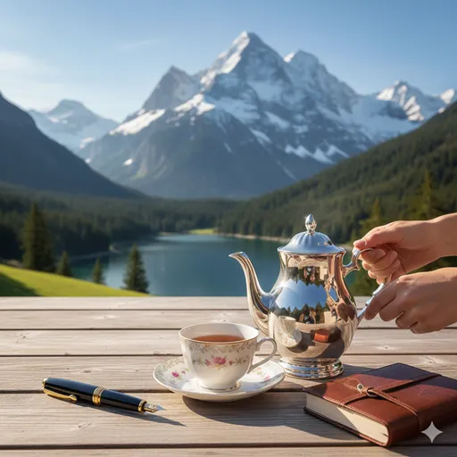 朝日に照らされた雄大な山々と、手元に置かれた一冊の美しい革装本。