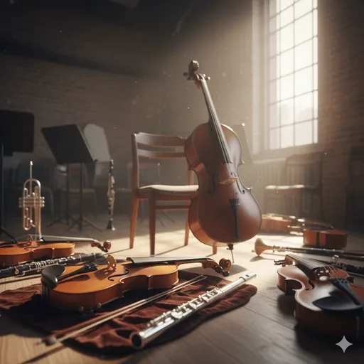 朝の光の中で、多様な音色を奏でるオーケストラの楽器が静かに並んでいる風景。