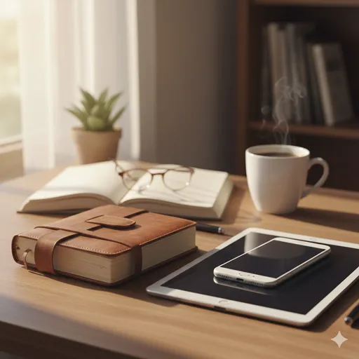 手書きの日記帳の上に、最新のスマートフォンが置かれ、過去と現在、記憶と記録が調和している風景。