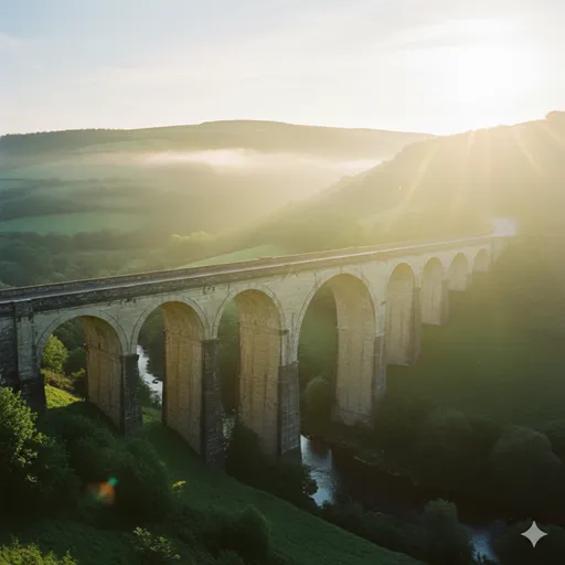 二つの丘の間に美しい橋が架かり、朝日がその道を照らしている、心の通じ合いを象徴する風景。