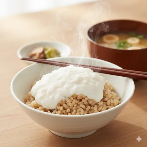 麦飯の上にとろろがたっぷりとかかった、栄養満点の「麦とろご飯」の定食。