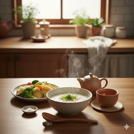 旬の野菜を使った料理や温かいスープ、日常の中で身体を慈しむセルフケアの光景。