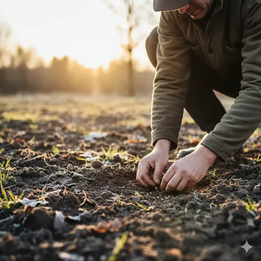 厳しい冬の大地に、そっと新しい種を植え、そこに朝日が差し込んでいる希望に満ちた光景。