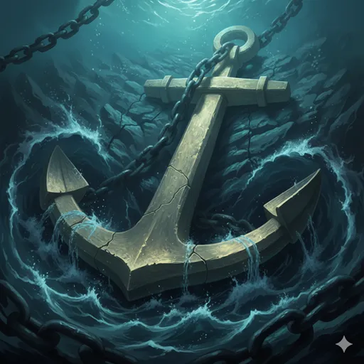 荒波の中でもびくともしない、船を繋ぎ止める巨大で黄金色の錨（いかり）。