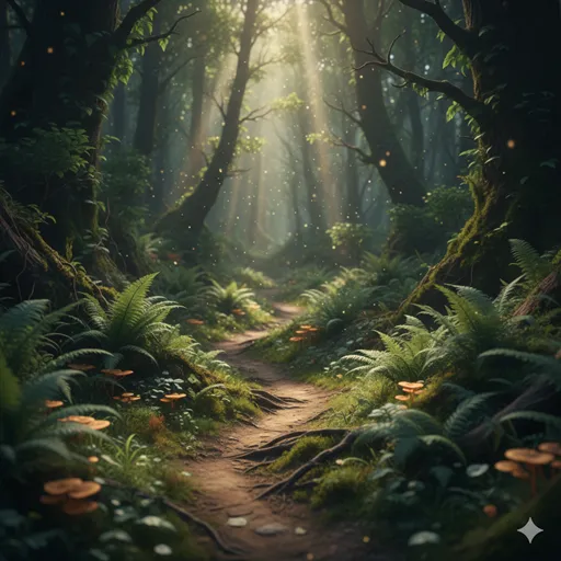 苔むした深い森の中、一人がようやく通れるほどの細く曲がりくねった小径。