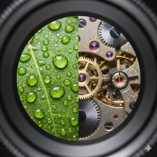 高性能な一眼レフカメラのレンズ越しに、木の葉の脈動や水滴の微細なディテールが鮮明に映し出されている様子。