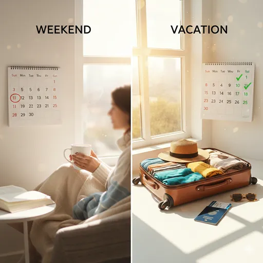 カレンダーにマークされた赤い休日と、スーツケースを持って自ら旅立つ休暇の対比。
