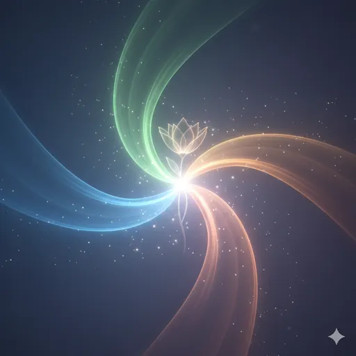 異なる三つの光が重なり合い、一人の人間を全方位から照らし出しているような、統合されたケアのイメージ。