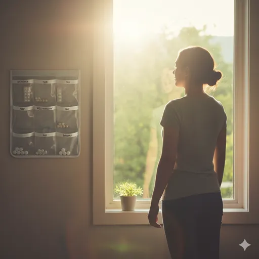 窓際で健康的に微笑む人物のシルエットと、整理されたお薬のセット。薬を通じて健康な生活を取り戻した様子。