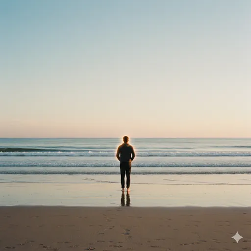 穏やかな海辺で、自分自身を深く肯定するように水平線を見つめる人物。多層的な幸福の象徴。