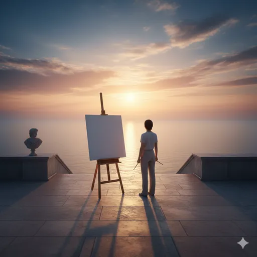 穏やかな海と輝く太陽を背景に、真っ白なキャンバスを前にして未来を展望する人物。