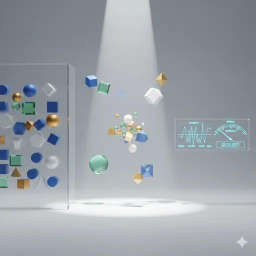 多彩な形をしたパーツが並ぶ中で、一つを特定する拡大鏡、境界を引く線、そして品質をチェックする天秤をシンボリックに配置したイメージ。