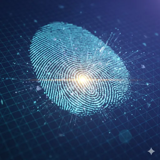 指紋や虹彩のような複雑なパターンの中から、特定の唯一のラインをデジタルスキャンが読み取っている様子。