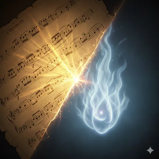 黄金に輝く古い楽譜と、消えることなく燃え続ける青白い炎を対比させた、価値と存在の持続を象徴するイメージ。