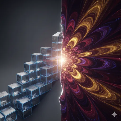 右肩上がりの積み上げグラフと、中心から周囲へと波及するように大きく広がる光の輪の対比。