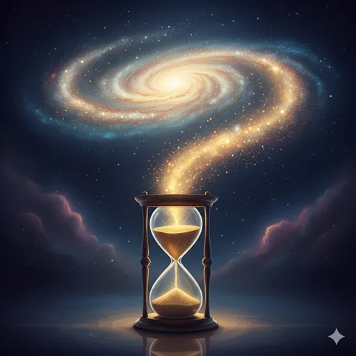 砂時計の砂が星屑に変わり、宇宙の地平線へと溶け込んでいくような、知的な充足感に満ちたイメージ。
