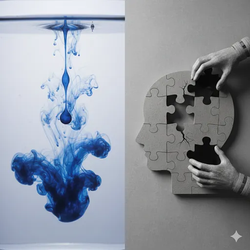 水面に広がる美しい波紋と、精密な歯車が強制的に噛み合わされている機械的なイメージの対比。