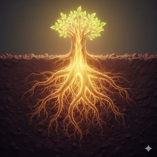 豊かな土壌に深く根を張り、内側から光を放ちながら芽吹く植物のクローズアップ。