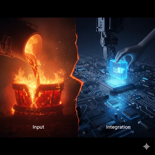 燃え盛る炉に燃料が注がれるダイナミックな光景と、最新のパズルピースが完璧に組み込まれる知的なイメージ。