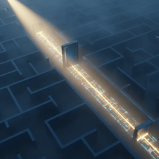 暗闇の中を照らすサーチライトの光が、最終的に一本の確かな道を作り出していくメタファー。