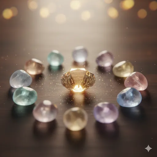 一つの輝く音叉（おんさ）が、周囲の音叉を優しく共鳴させている幻想的な風景。