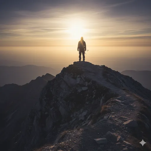 霧が晴れた後の静かな山頂で、遠くの地平線を真っ直ぐに見つめる人物の背中。