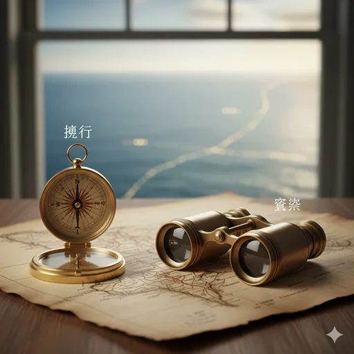地図の上に置かれたコンパスと、その先に広がる目的地を見据える双眼鏡の風景。