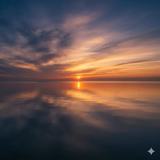 どこまでも続く水平線の先で、空と海が溶け合い、完全な調和を見せる夜明けの風景。