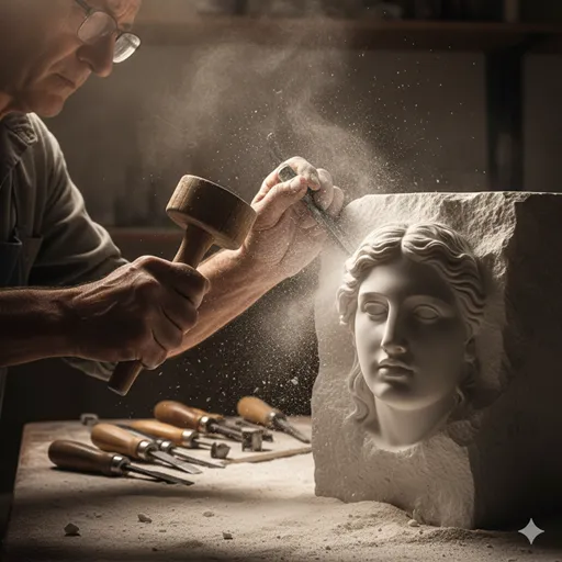 彫刻家がノミを使って、慎重に大理石から美しい形を削り出している手元のアップ。