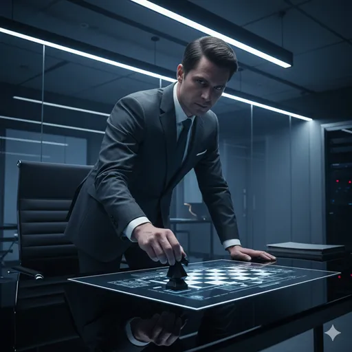 チェス盤の上で、あえて禁じ手を選ぼうとする冷徹な視線と指先のクローズアップ。