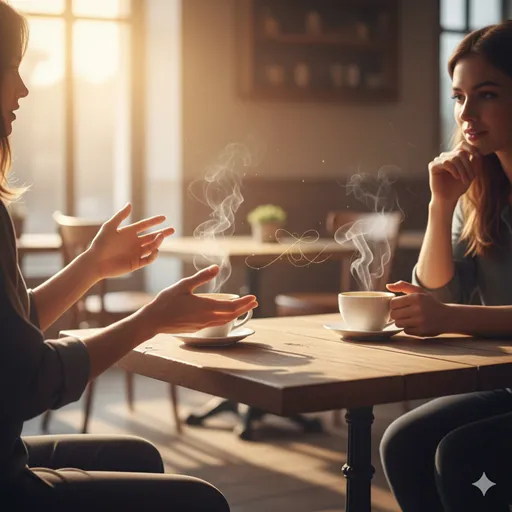 カフェで向かい合い、互いの目を見て言葉を交わしている二人の手のしぐさとコーヒーカップ。