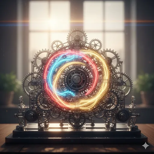 精巧な時計の歯車と、そこを流れる光のエネルギーが調和し、一つの美しいシステムとして機能している様子。