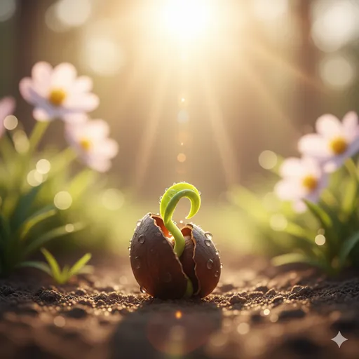 暗い土の中から自らの力で芽を出し、光に向かって伸びようとする力強い植物の若芽。