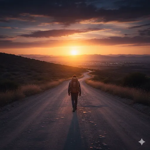 果てしなく続く一本道の途中、一人の旅人が地平線を見つめて歩みを進めている後ろ姿。