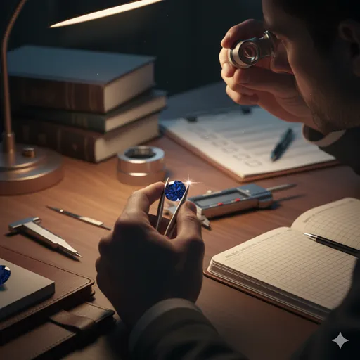 宝石鑑定士がレンズを通して、ダイヤモンドの真贋を鋭い目で見極めている専門的な瞬間。