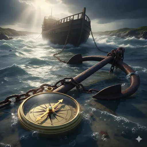 激流の中で、進むべき方向を指す方位磁石と、船を止めている錆びた錨の対比。