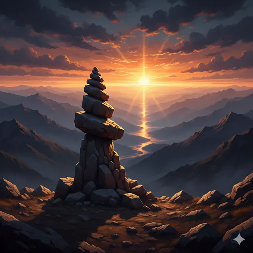 沈みゆく夕日の光を受けながら、山頂に積み上げられた石積みが、遠い未来へと続く道を照らしている風景。