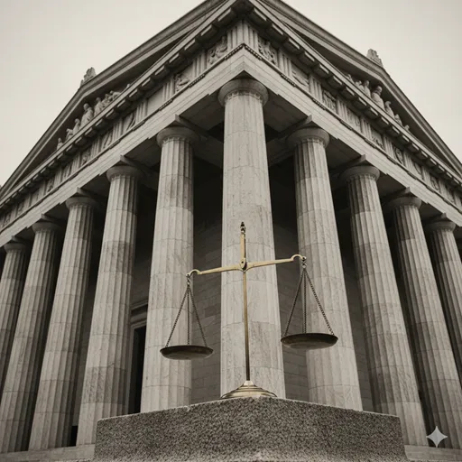 巨大な石造りの裁判所や官公庁のような建築物の柱と、その前に置かれた揺るぎない正義を象徴する天秤。