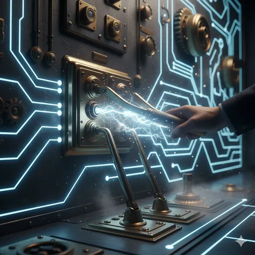 巨大な機械の電源レバーが「ON」に切り替えられ、回路に光が走り出すような、制度が動き出す瞬間のイメージ。