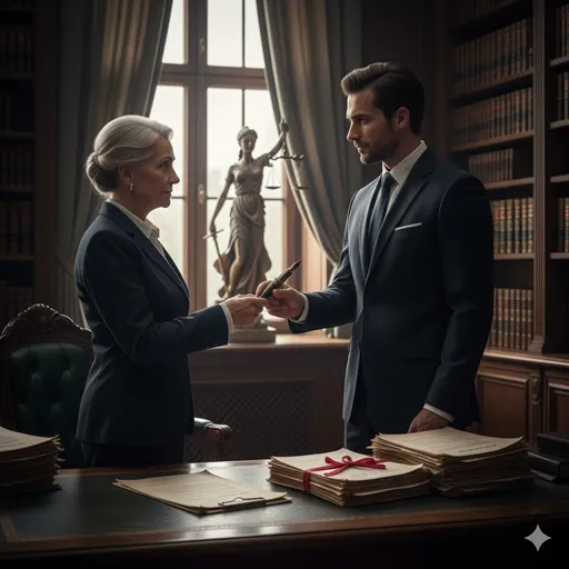 二人の人物が、一つの重要な公的書類を見守りながら、一人がペンをもう一人へ手渡している、法的な代理権の譲渡を象徴する場面。