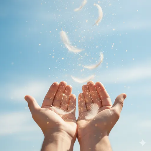 固く握られていた拳がゆっくりと開かれ、そこから白い鳥や羽根が空へ飛び立っていく瞬間。