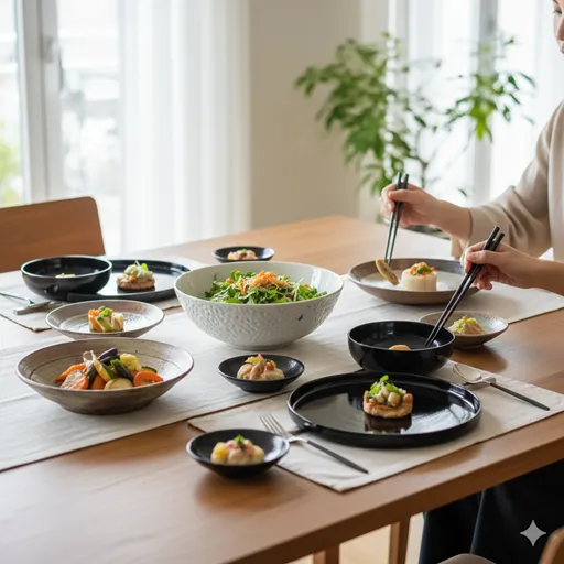 現代的なリビングのテーブルで、伝統的な器が日常生活に馴染み、豊かな時間を作り出している様子。