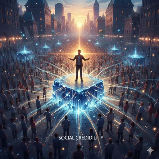 多くの人々が光の糸でつながり、その中心で一人のリーダーが灯火を掲げている、調和のとれた社会のイメージ。