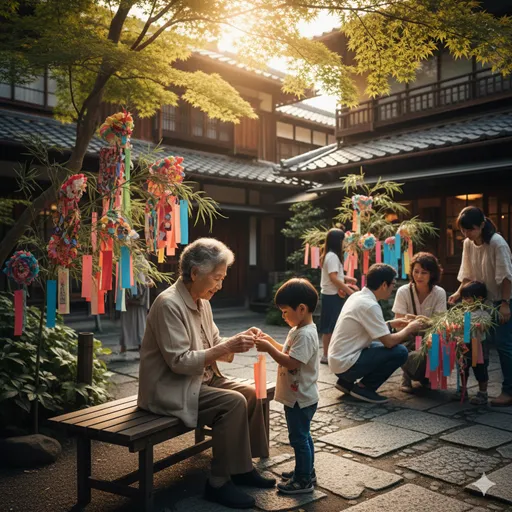 四季折々の自然の中で、世代を超えて人々が集まり、伝統的な行事を楽しんでいる温かな光景。