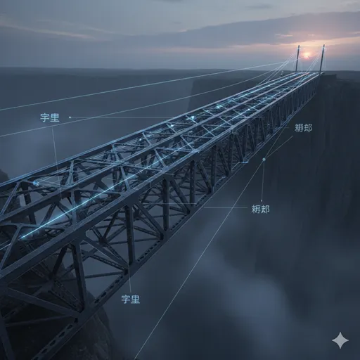 離れた二つの場所を繋ぐ、美しく複雑なトラス構造の橋。事実と結論を結ぶ思考のプロセスを表現。