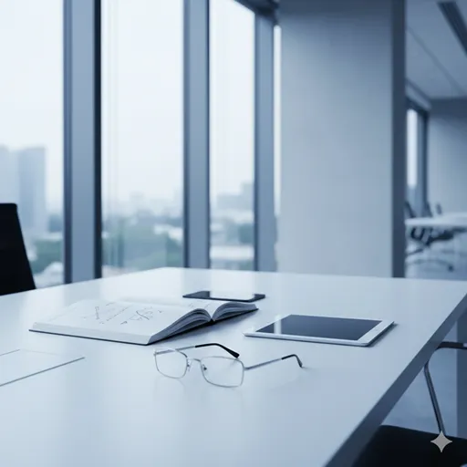 ガラス越しに整理されたノートや図面を見つめ、冷静に考えを巡らせているデスク風景。
