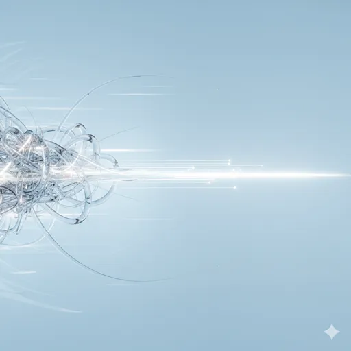 絡まった糸が一本の真っ直ぐな青い線へと解け、スムーズに流れていくイメージ。