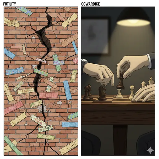 壊れた壁をガムテープで補修する様子（姑息）と、チェスの試合で隠れて駒を動かす様子（卑怯）を対比させたイメージ。