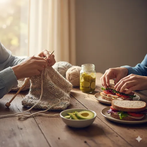 柔らかな光の中で、手作りの小物や料理を丁寧に仕上げている温かみのあるシーン。