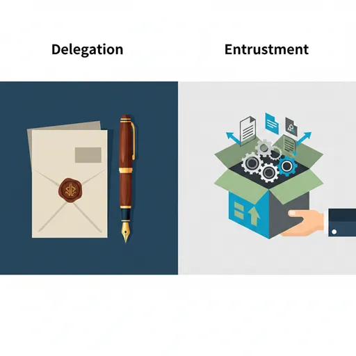 自分のサイン（意思）を託す万年筆のイメージと、工場やオフィスから業務を送り出す矢印のイメージを対比させた、権利と実務の委譲の象徴。